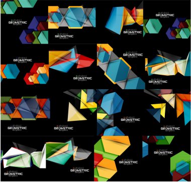 Geometrik soyut siyah arka plan ile çok renkli şekiller kümesi