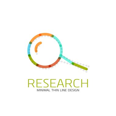 Vektör ince çizgi logo Büyüteç, ara ve bul veya yakınlaştırma logo tasarım. Doğrusal minimalist iş simgesi
