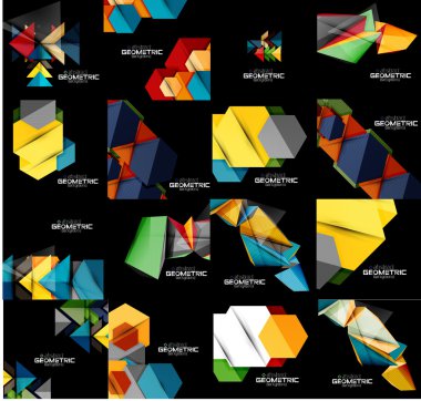 Geometrik soyut siyah arka plan ile çok renkli şekiller kümesi