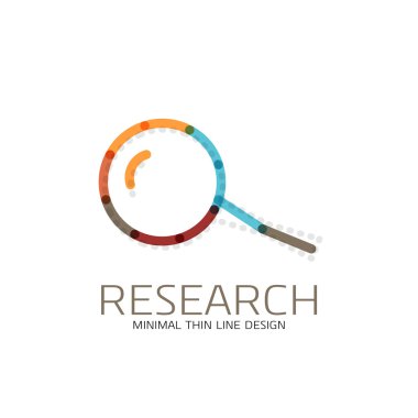 Vektör ince çizgi logo Büyüteç, ara ve bul veya yakınlaştırma logo tasarım. Doğrusal minimalist iş simgesi