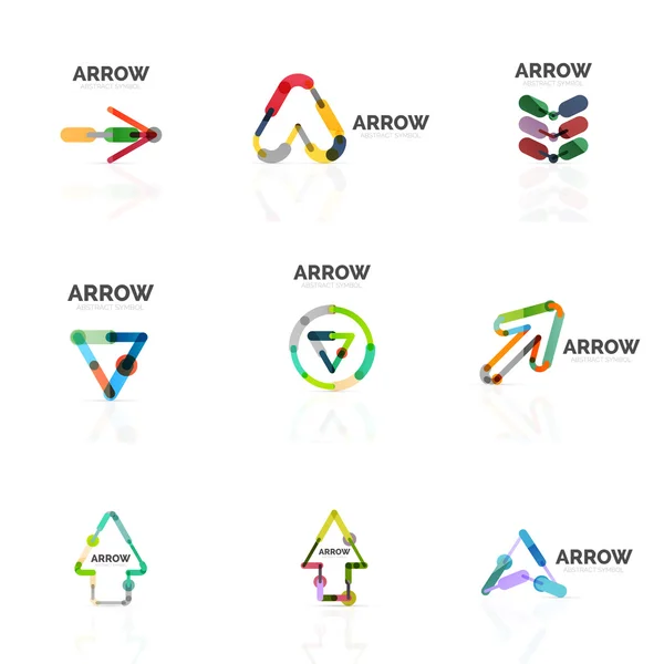 Conjunto de logotipos abstractos de flecha lineal, segmentos multicolores conectados líneas en figuras puntero direccional — Archivo Imágenes Vectoriales