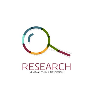 Vektör ince çizgi logo Büyüteç, ara ve bul veya yakınlaştırma logo tasarım. Doğrusal minimalist iş simgesi