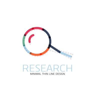 Vektör ince çizgi logo Büyüteç, ara ve bul veya yakınlaştırma logo tasarım. Doğrusal minimalist iş simgesi