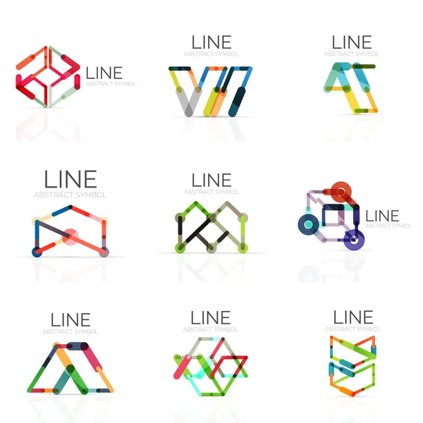 Conjunto de logotipos abstratos lineares, linhas de segmentos multicoloridos conectados em figuras geométricas — Vetor de Stock