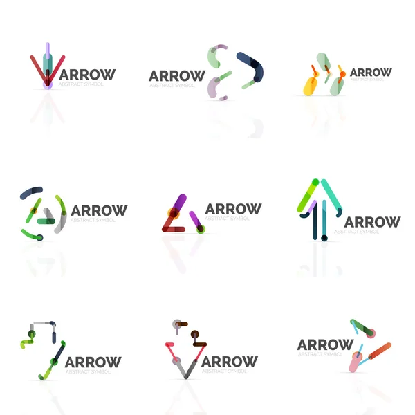 線形の矢印抽象的なロゴ、方向ポインターの図に接続された色とりどりのセグメント線のセット — ストックベクタ