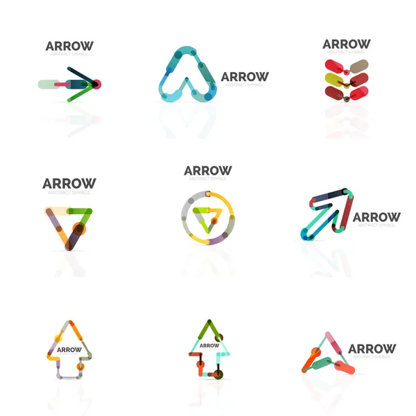 Set of linear arrow abstract logos, connected multicolored segments lines in directional pointer figures — Stock Vector