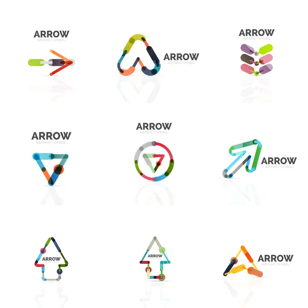 Set of linear arrow abstract logos, connected multicolored segments lines in directional pointer figures — Stock Vector