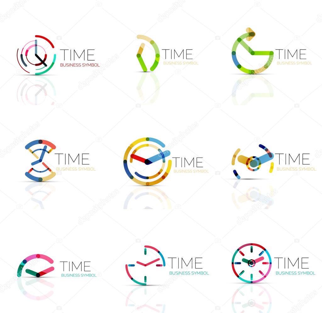 Linear time and clock abstract logo set, connected multicolored segments of lines. Vector minimal wire business icons isolated on white. Flat design