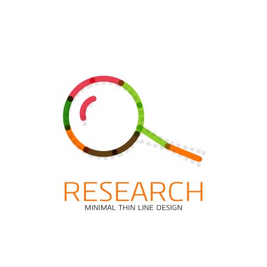 Vektör ince çizgi logo Büyüteç, ara ve bul veya yakınlaştırma logo tasarım. Doğrusal minimalist iş simgesi