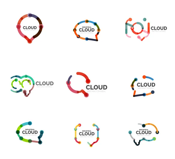 Uppsättning platt linjär design tal cloud logotyper. Prata bubblor, moderna geometriska industriella tunn linje ikoner — Stock vektor
