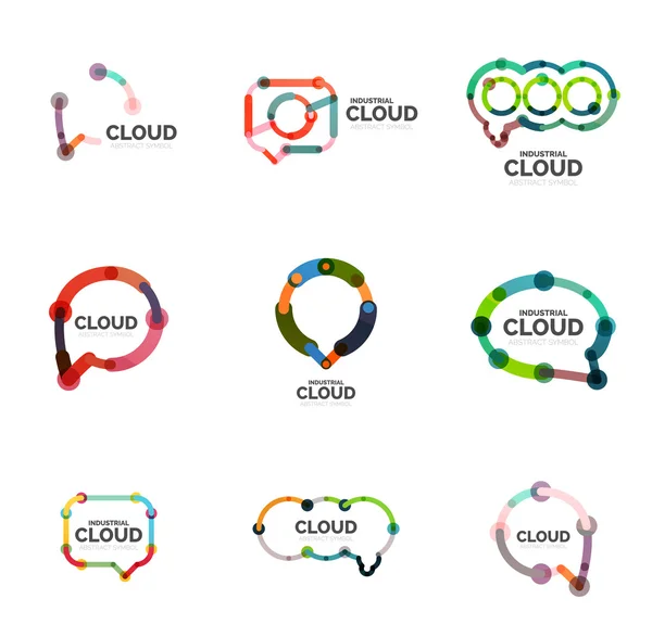 Uppsättning platt linjär design tal cloud logotyper. Prata bubblor, moderna geometriska industriella tunn linje ikoner — Stock vektor