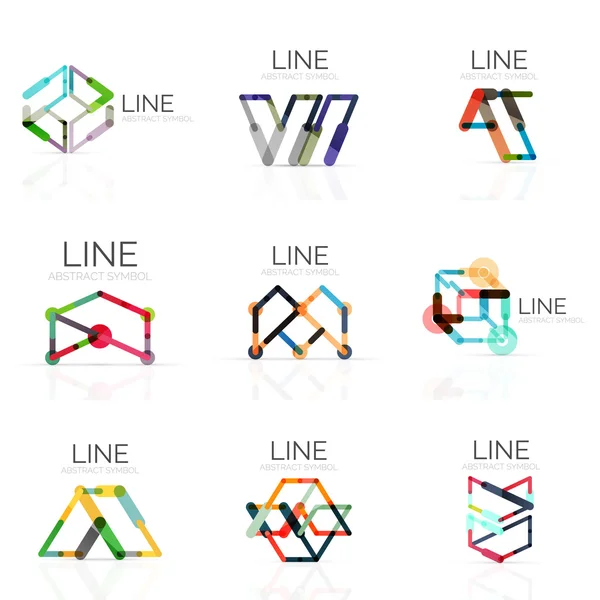 Conjunto de logotipos abstratos lineares, linhas de segmentos multicoloridos conectados em figuras geométricas — Vetor de Stock