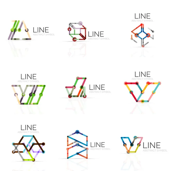 Conjunto de logotipos lineales abstractos, segmentos multicolores conectados líneas en figuras geométricas — Archivo Imágenes Vectoriales