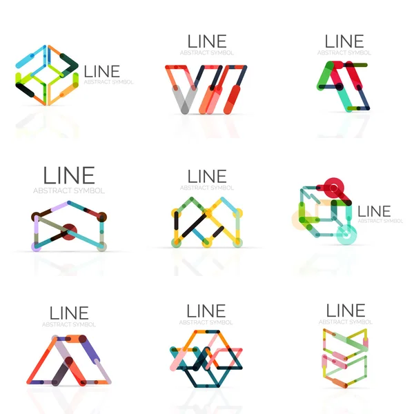 Conjunto de logotipos abstratos lineares, linhas de segmentos multicoloridos conectados em figuras geométricas — Vetor de Stock