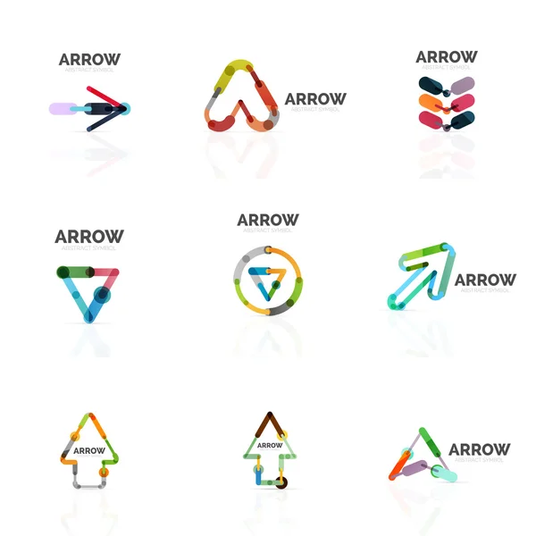 Conjunto de logotipos abstractos de flecha lineal, segmentos multicolores conectados líneas en figuras puntero direccional — Archivo Imágenes Vectoriales