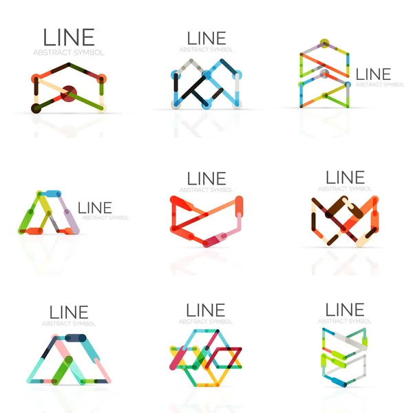 Conjunto de logotipos abstratos lineares, linhas de segmentos multicoloridos conectados em figuras geométricas — Vetor de Stock