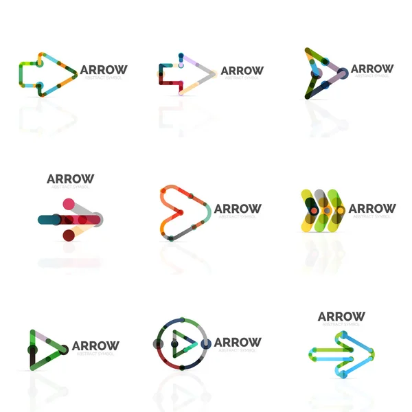 Set of linear arrow abstract logos, connected multicolored segments lines in directional pointer figures — Stock Vector