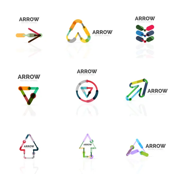 Jeu de logos abstraits de flèches linéaires, lignes de segments multicolores connectés dans des figures de pointeur directionnel — Image vectorielle