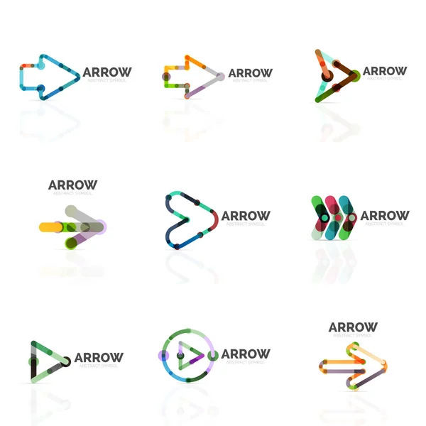 Set of linear arrow abstract logos, connected multicolored segments lines in directional pointer figures — Stock Vector