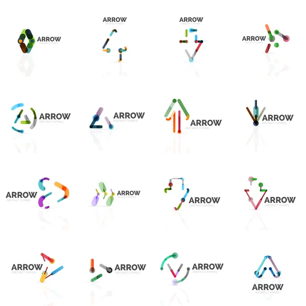 線形の矢印抽象的なロゴ、方向ポインターの図に接続された色とりどりのセグメント線のセット — ストックベクタ