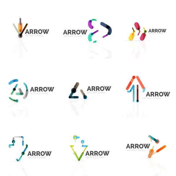 Conjunto de logotipos abstratos de seta linear, linhas de segmentos multicoloridos conectados em figuras ponteiro direcional — Vetor de Stock
