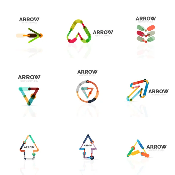 Conjunto de logotipos abstractos de flecha lineal, segmentos multicolores conectados líneas en figuras puntero direccional — Archivo Imágenes Vectoriales