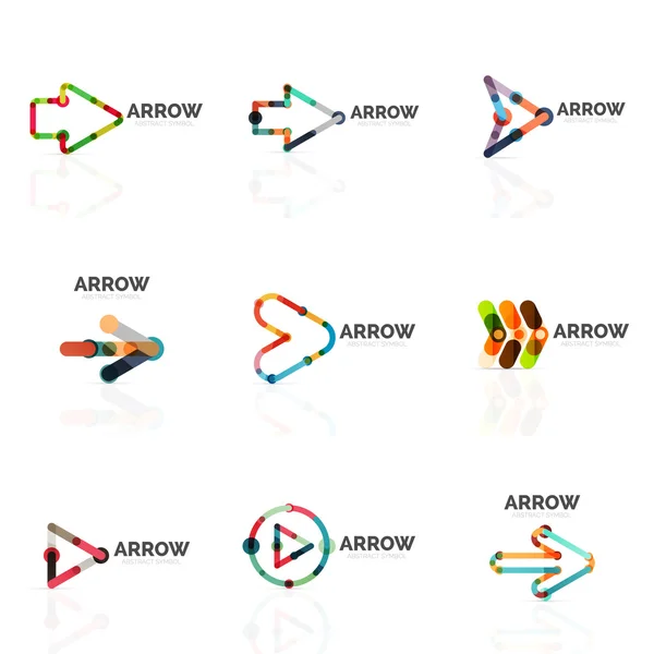 Jeu de logos abstraits de flèches linéaires, lignes de segments multicolores connectés dans des figures de pointeur directionnel — Image vectorielle