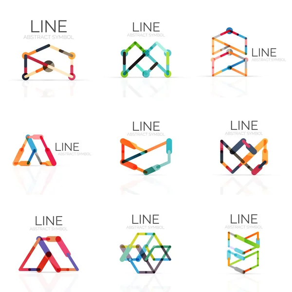 Conjunto de logotipos abstratos lineares, linhas de segmentos multicoloridos conectados em figuras geométricas — Vetor de Stock