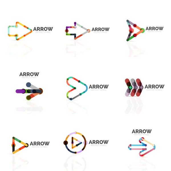 Set of linear arrow abstract logos, connected multicolored segments lines in directional pointer figures — Stock Vector