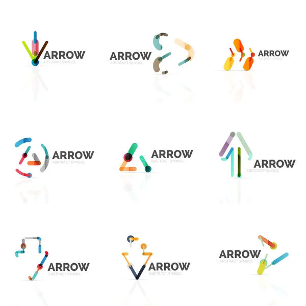 Conjunto de logotipos abstratos de seta linear, linhas de segmentos multicoloridos conectados em figuras ponteiro direcional — Vetor de Stock
