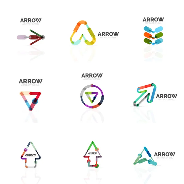 Conjunto de logotipos abstractos de flecha lineal, segmentos multicolores conectados líneas en figuras puntero direccional — Vector de stock