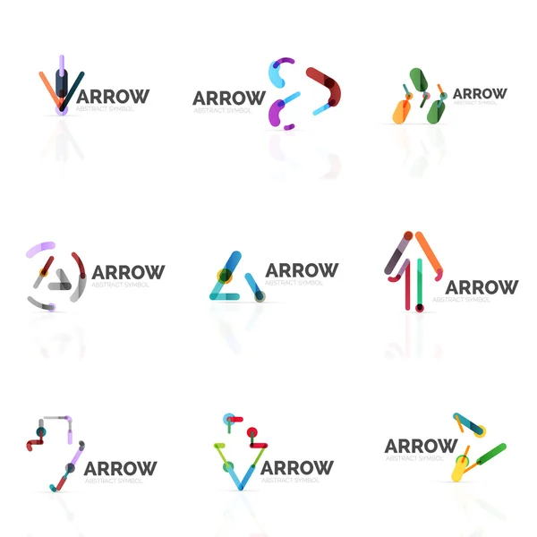 線形の矢印抽象的なロゴ、方向ポインターの図に接続された色とりどりのセグメント線のセット — ストックベクタ
