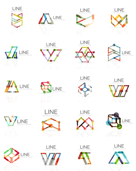 Набор линейных абстрактных логотипов, соединяющих многоцветные отрезки в геометрических фигурах — стоковый вектор