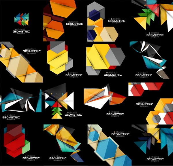 Set van geometrische abstracte zwarte achtergronden met veelkleurige vormen — Stockvector