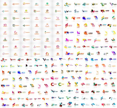 Mega collection of geometrical abstract logo templates, origami paper style business icons with sample text. Vector