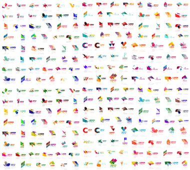 Mega collection of geometrical abstract logo templates, origami paper style business icons with sample text. Vector