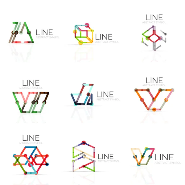 Conjunto de logotipos lineales abstractos, segmentos multicolores conectados líneas en figuras geométricas — Archivo Imágenes Vectoriales