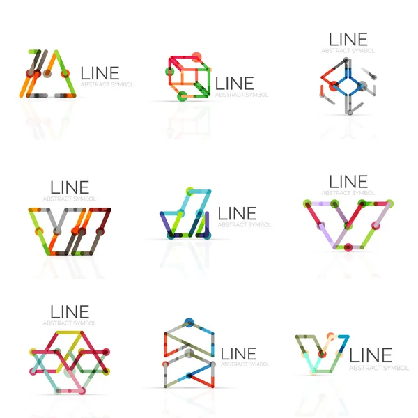 Conjunto de logotipos lineales abstractos, segmentos multicolores conectados líneas en figuras geométricas — Archivo Imágenes Vectoriales