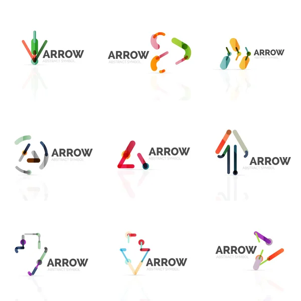 Doğrusal ok soyut logolar, Doğrusal işaretçi rakamlar satırlarında bağlı çok renkli kesimleri kümesi — Stok Vektör