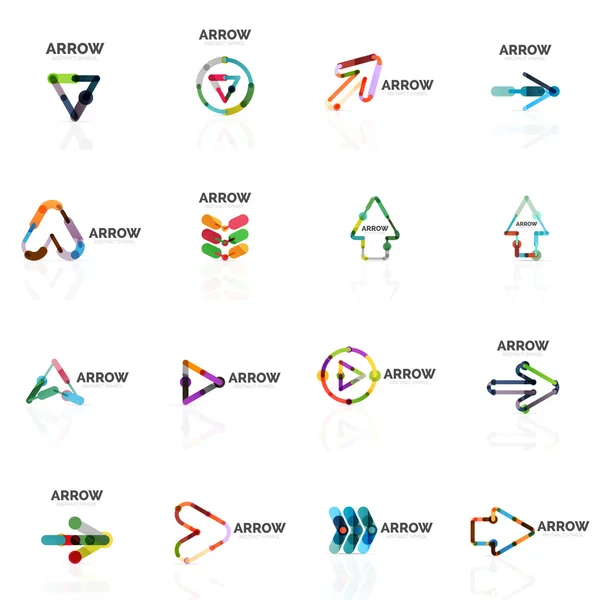 Conjunto de logotipos abstractos de flecha lineal, segmentos multicolores conectados líneas en figuras puntero direccional — Vector de stock