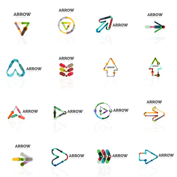 Doğrusal ok soyut logolar, Doğrusal işaretçi rakamlar satırlarında bağlı çok renkli kesimleri kümesi — Stok Vektör