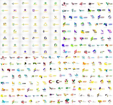 Mega collection of geometrical abstract logo templates, origami paper style business icons with sample text. Vector