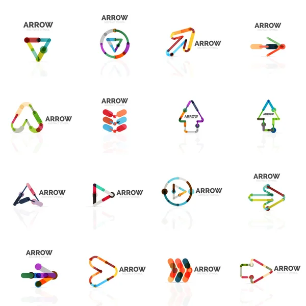 Conjunto de logotipos abstractos de flecha lineal, segmentos multicolores conectados líneas en figuras puntero direccional — Archivo Imágenes Vectoriales