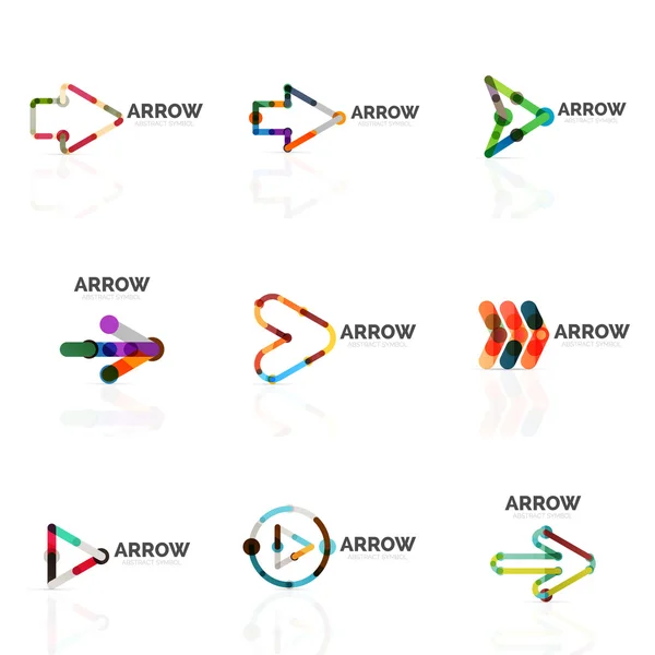 Set di loghi astratti a freccia lineare, linee di segmenti multicolori connessi in figure di puntatori direzionali — Vettoriale Stock