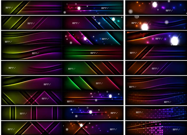 Leuchtende Formen auf dunklem Hintergrund. Vektor Set schwarzer Header mit Lichteffekten — Stockvektor