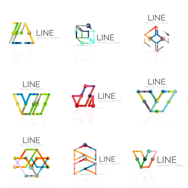 Conjunto de logotipos lineales abstractos, segmentos multicolores conectados líneas en figuras geométricas — Archivo Imágenes Vectoriales