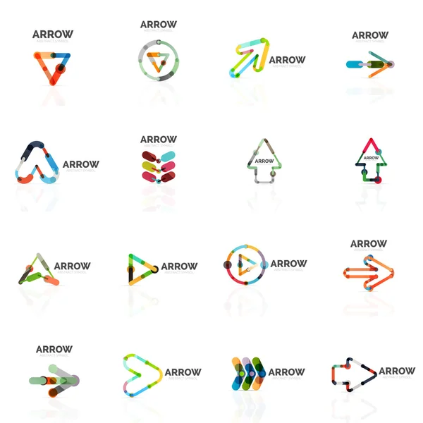 Jeu de logos abstraits de flèches linéaires, lignes de segments multicolores connectés dans des figures de pointeur directionnel — Image vectorielle