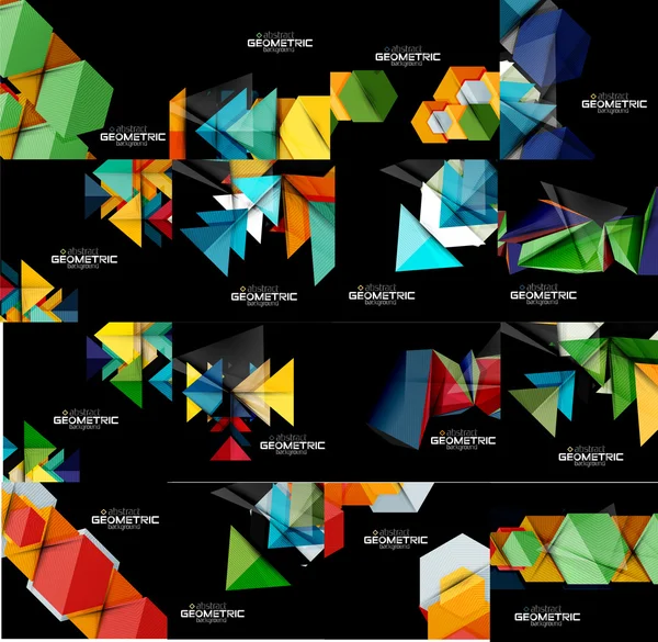 Ensemble de fonds noirs abstraits géométriques aux formes multicolores — Image vectorielle