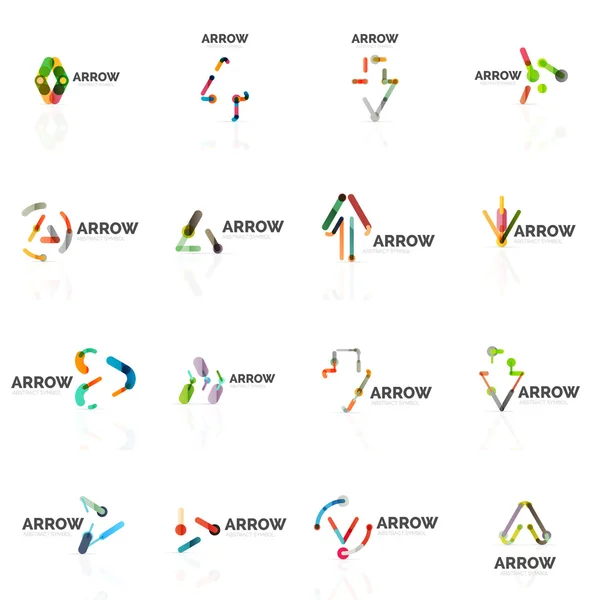 線形の矢印抽象的なロゴ、方向ポインターの図に接続された色とりどりのセグメント線のセット — ストックベクタ