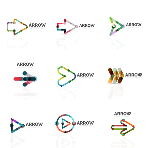 Set of linear arrow abstract logos, connected multicolored segments lines in directional pointer figures — Stock Vector